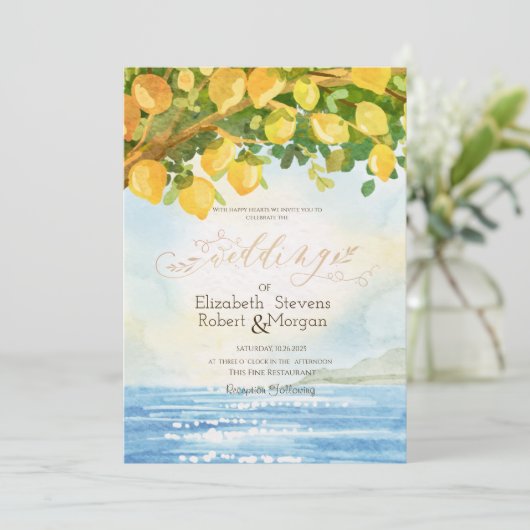 Waterverf citroenen oceaan bruiloft kaart (Staand voorkant)