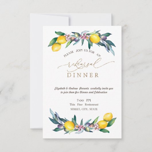 Waterverf citroenen olijven repetitie diner kaart (Voorkant)