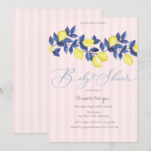 Waterverf Citroenen Roze Gestreept Baby shower Kaart (Voorkant / Achterkant)