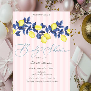 Waterverf Citroenen Roze Gestreepte Baby Shower Kaart