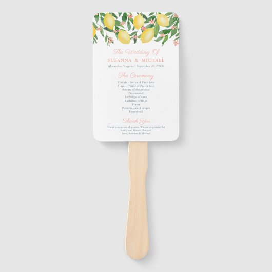 Waterverf citroenen roze tekst bruiloft programma handwaaier (Voorkant)