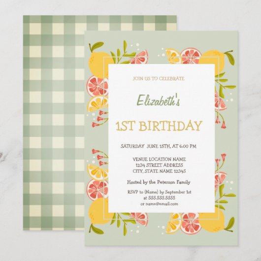 Waterverf Citroenen Sinaasappel Green Plaid Verjaa Kaart (Voorkant / Achterkant)