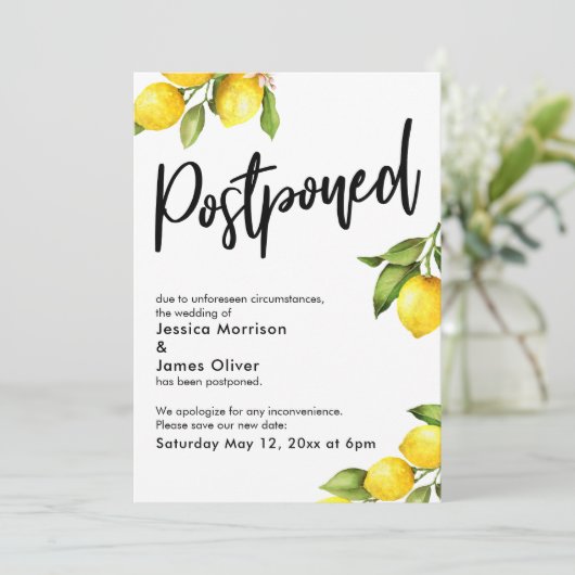 Waterverf citroenen uitgesteld bruiloft aankondigi kaart (Staand voorkant)