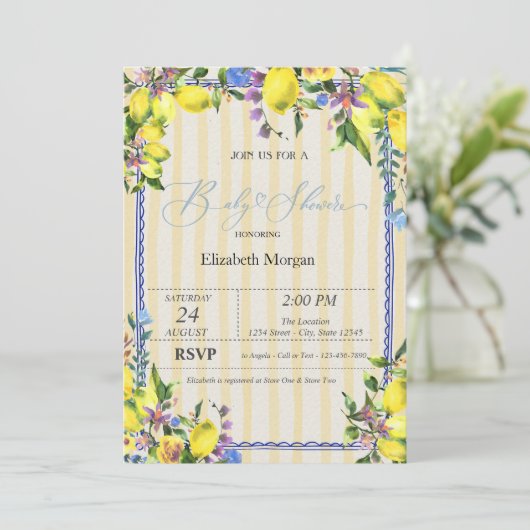 Waterverf Citroenen Yellow Stripes Baby shower Kaart (Staand voorkant)