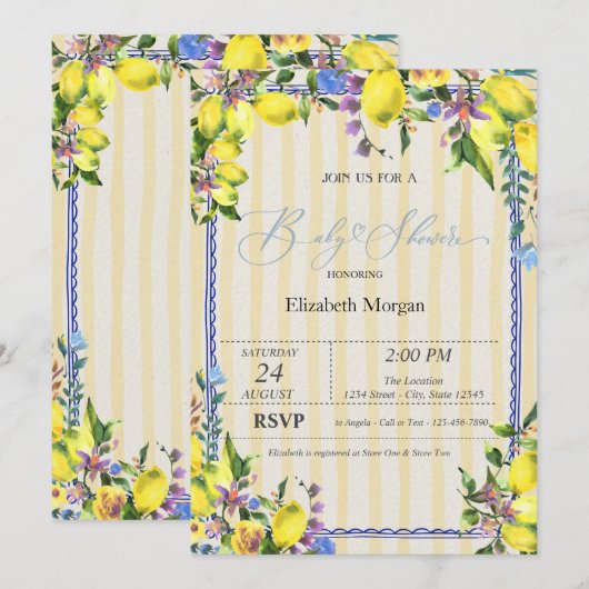 Waterverf Citroenen Yellow Stripes Baby shower Kaart (Voorkant / Achterkant)