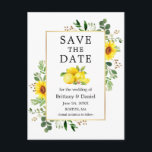 Waterverf citroenen zonnebloemen opslaan de datum briefkaart<br><div class="desc">Moderne Waterverf Eucalyptus groen citroenen Zonnebloemen Goud Lijst Save The Date Verloving Aankondiging Briefkaart</div>