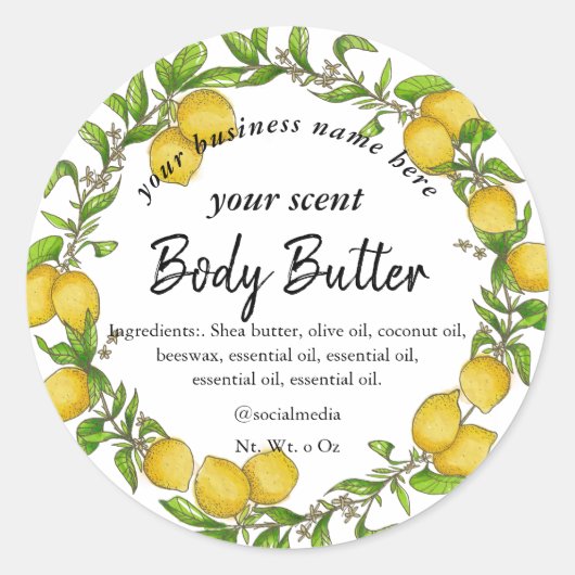 Waterverf citroenkrans body boter body scrub ronde sticker (Voorkant)