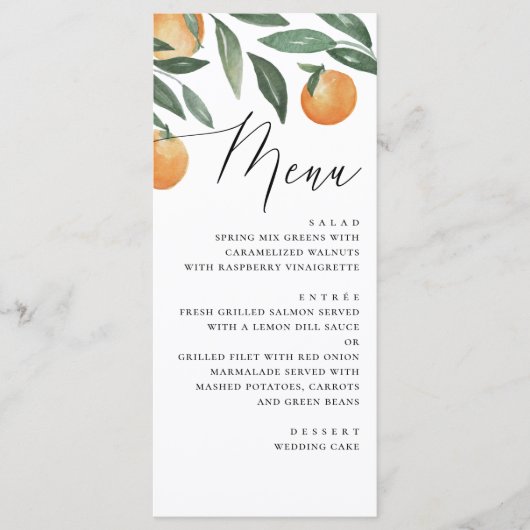 Waterverf Citrus Bruiloft | Elegante Script Sinaas Menu (Voorkant)