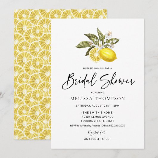 Waterverf Citrus Citroen Bruidsdouche Kaart (Voorkant / Achterkant)