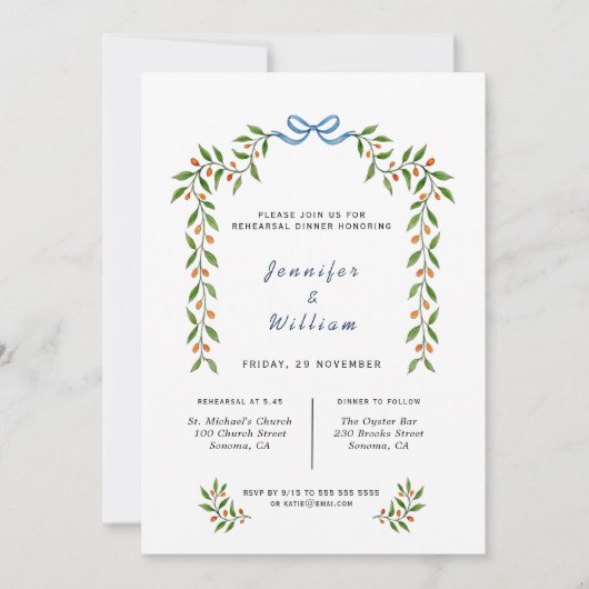 Waterverf Citrus en greenery Rehearsal Dinner Aankondiging (Voorkant)