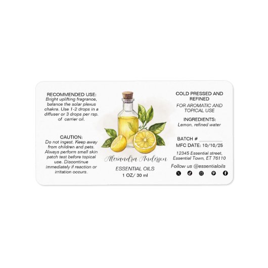 Waterverf Citrus etherische oliën fles Etiket (Voorkant)