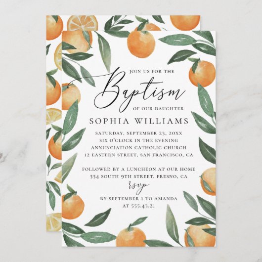 Waterverf citrus florale tuinschrift baptisme kaart (Voorkant / Achterkant)