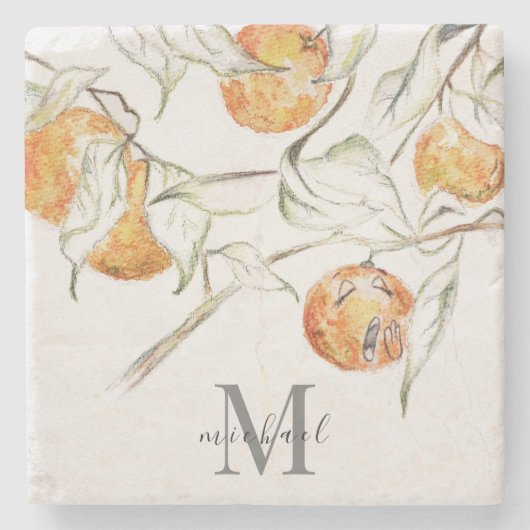 Waterverf Citrus Fruit Clementine Cutie Monogram Stenen Onderzetter (Voorkant)