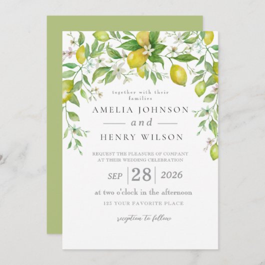 Waterverf Citrus Fruit Huwelijksuitnodiging Kaart (Voorkant / Achterkant)