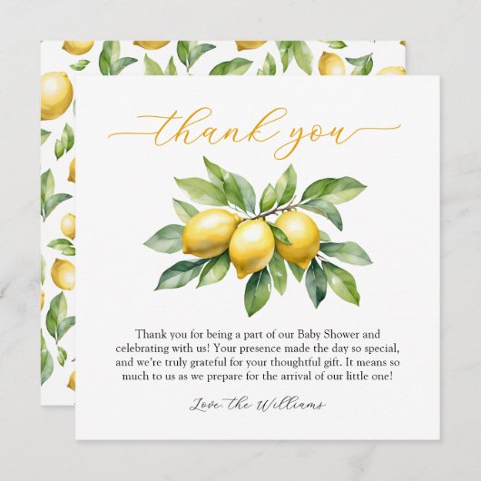 Waterverf Citrus Lemon Baby shower Bedankkaart (Voorkant / Achterkant)