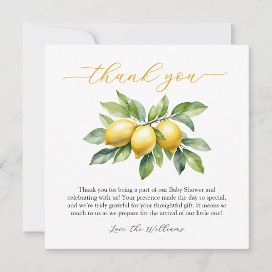 Waterverf Citrus Lemon Baby shower Bedankkaart (Voorkant)