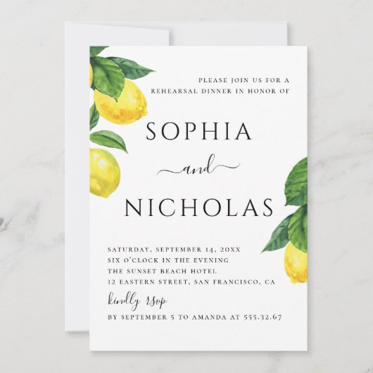 Waterverf citrus lemon bruiloft repetitie diner kaart (Voorkant)