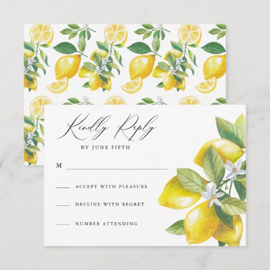 Waterverf Citrus Lemon Bruiloft RSVP Kaartje (Voorkant / Achterkant)