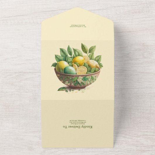 Waterverf Citrus Lemon Destination Wedding All In One Uitnodiging (Buitenkant)