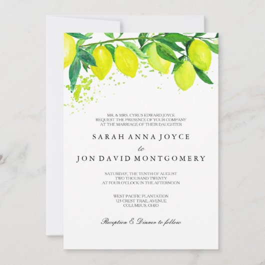 Waterverf Citrus/Lemon huwelijksuitnodiging Kaart (Voorkant)