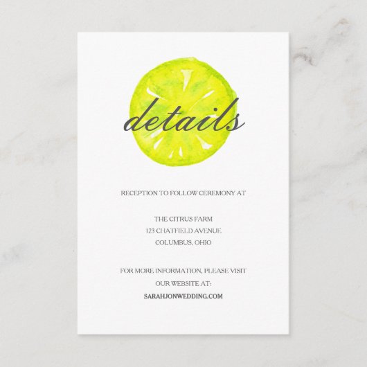 Waterverf Citrus/Lemon Wedding Details Kaart (Voorkant)