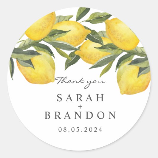 Waterverf Citrus Lemon Zomer Bruiloft Ronde Sticker (Voorkant)