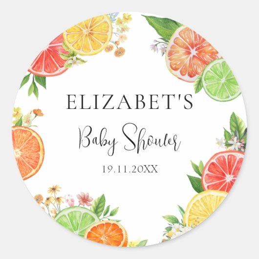 Waterverf Citrus Little Cutie Baby shower Ronde Sticker (Voorkant)
