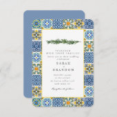 Waterverf Citrus Mediterraans Blauw tegel Bruiloft Kaart (Voorkant / Achterkant)