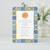 Waterverf Citrus Mediterraans Blauw tegel Bruiloft Kaart (Staand voorkant)