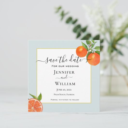 Waterverf Citrus met aqua border Wedding Save The Date (Staand voorkant)