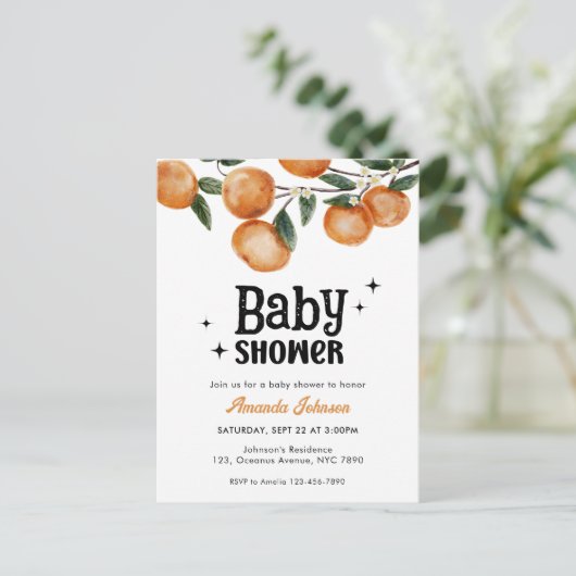 Waterverf Citrus Oranje Baby shower Uitnodiging (Staand voorkant)