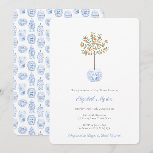 Waterverf Citrus Oranje Tree Baby Shower Kaart (Voorkant / Achterkant)