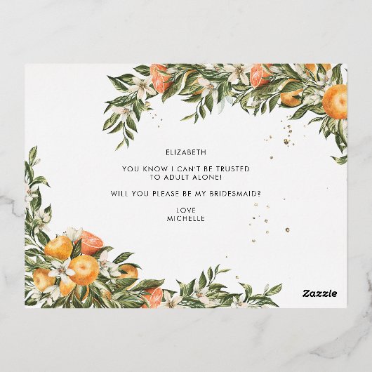 Waterverf Citrus Orchard | Wees mijn Bridesmaid Folie Uitnodiging Briefkaart (Achterkant)