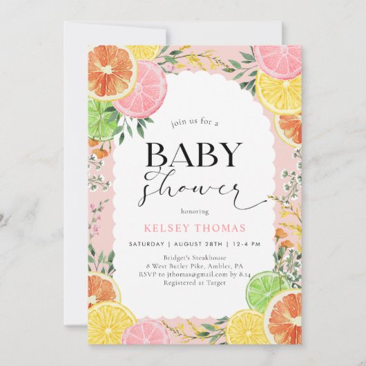 Waterverf Citrus Roze Baby shower Kaart (Voorkant)