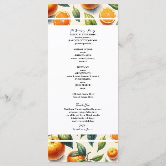 Waterverf Citrus Sinaasappel bladeren bruiloft Programmakaart (Achterkant)