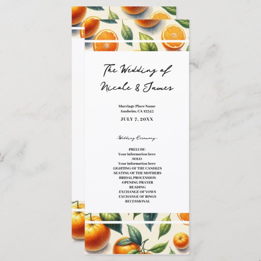 Waterverf Citrus Sinaasappel bladeren bruiloft Programmakaart (Voorkant / Achterkant)