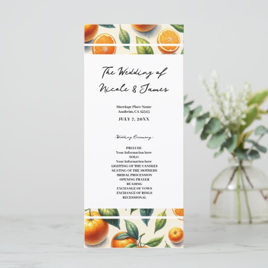 Waterverf Citrus Sinaasappel bladeren bruiloft Programmakaart (Staand voorkant)