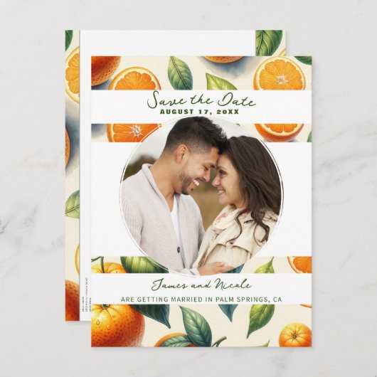 Waterverf Citrus Sinaasappel Bladeren Save the Dat Aankondigingskaart (Voorkant / Achterkant)
