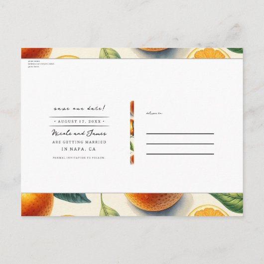 Waterverf Citrus Sinaasappel Bladeren Save the Dat Aankondigingskaart (Achterkant)