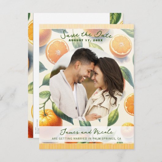 Waterverf Citrus Sinaasappel Bladeren Save the Dat Aankondigingskaart (Voorkant / Achterkant)
