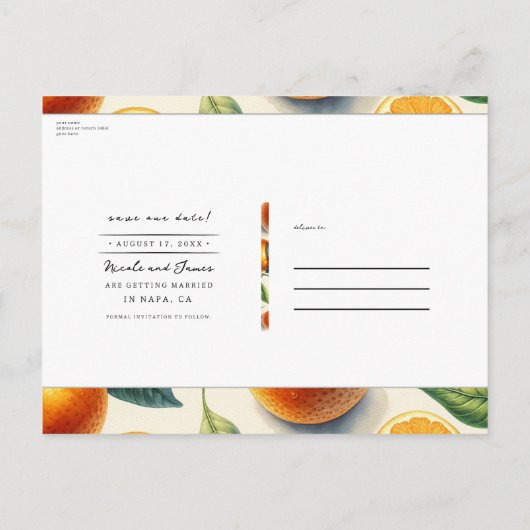 Waterverf Citrus Sinaasappel Bladeren Save the Dat Aankondigingskaart (Achterkant)