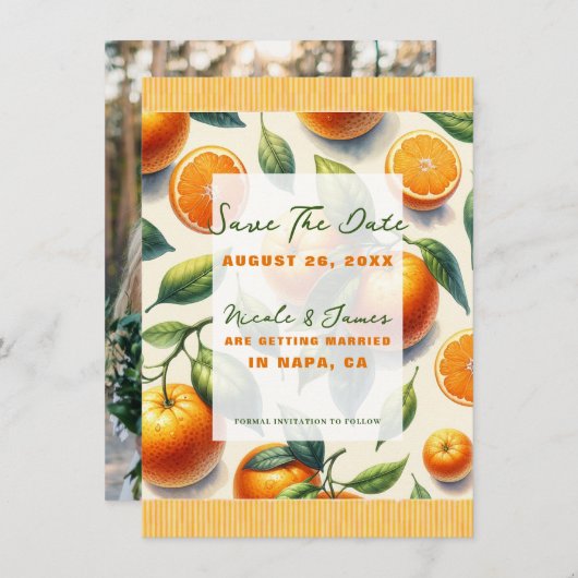 Waterverf Citrus Sinaasappel Bladeren Save the Dat Kaart (Voorkant / Achterkant)