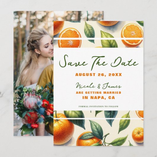 Waterverf Citrus Sinaasappel Bladeren Save the Dat Kaart (Voorkant / Achterkant)