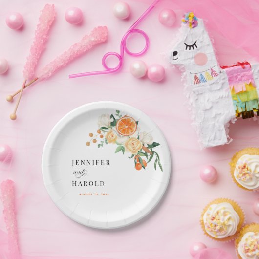 Waterverf Citrus Sinaasappel Bloemen Zomer Bruilof Papieren Bordje (Feest)