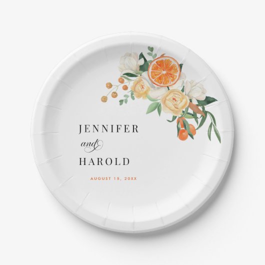 Waterverf Citrus Sinaasappel Bloemen Zomer Bruilof Papieren Bordje (Voorkant)