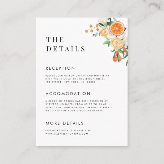 Waterverf Citrus Sinaasappel Tangerine bruiloft De Informatiekaartje (Voorkant)