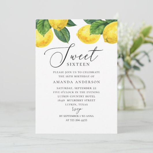 Waterverf citrus Sweet 16. Lemon garden script Kaart (Staand voorkant)