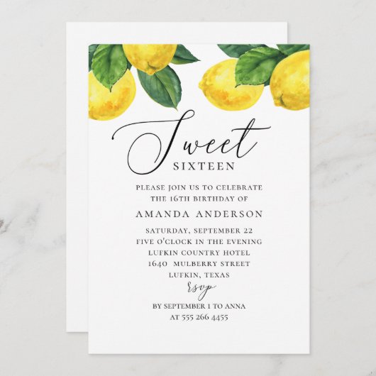 Waterverf citrus Sweet 16. Lemon garden script Kaart (Voorkant / Achterkant)