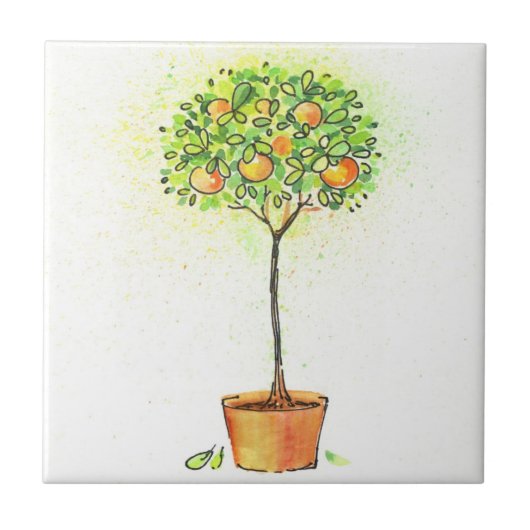 Waterverf citrusboom in potten tegeltje (Voorkant)