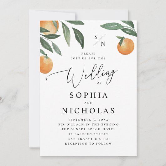 Waterverf citrusbruiloft. Sinaasappel zomerbloem Kaart (Voorkant)